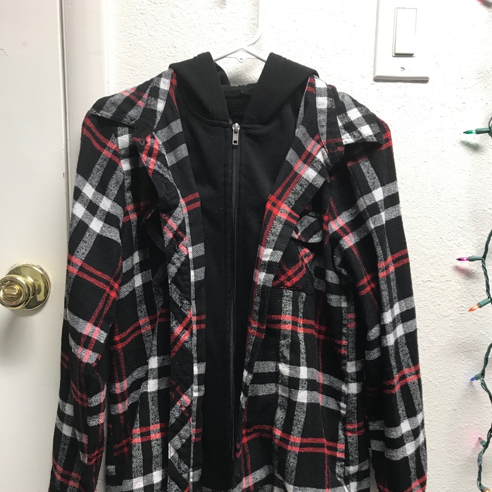 Black red and white hooded jacket flannel size M